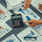 Pessoas analisando relatórios financeiros e gráficos ao redor de uma calculadora, representando o controle e o planejamento do fluxo de caixa de uma empresa.